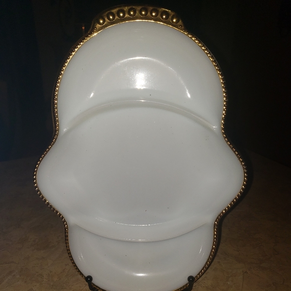 Mid-Century Fire King Oven Ware Milk glass Divided Dish With Gold Details - Picture 2 of 4